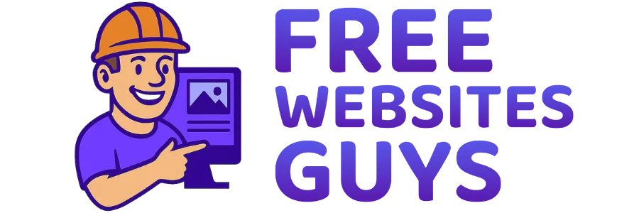 Free Websites Guys logo – bold cartoon style with Webby mascot and clean modern typography in wide format